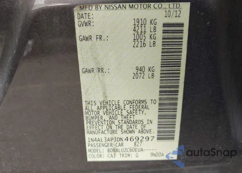 2013 Nissan Altima 2.5 Sv из США, поврежденный, VIN 1N4AL3AP3DN469297